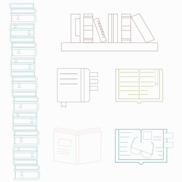 Colorful set of logotypes for university, book club, bookstore, book festival. Literature illustration. Vector symbols of reading and learning.