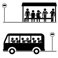 group of men & crowd waiting for bus icon vector sign symbol pictogram
