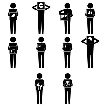 Various men holding x ray result for body parts infographic icon vector sign symbol pictogram