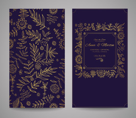 Gold ornate frame for invitations or announcements. Hand draw flowers