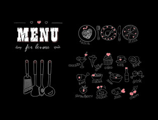 Menu for lovers. Foods with hearts. Happy Valentines day. Doodle Decor elements. Hand drawn. Chalkboard. 