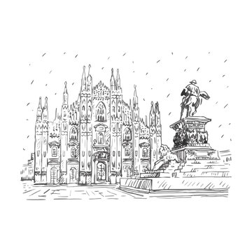Milan Cathedral with statue of Vittorio Emanuele II, Italy. Vector hand drawn sketch.