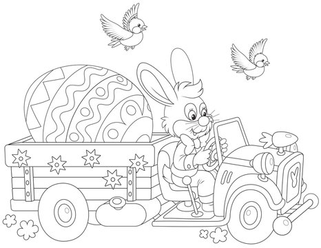 Easter Bunny driving a truck with a big decorated egg