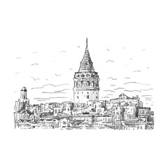 The Galata Tower, Istanbul, Turkey. Vector freehand pencil sketch.
