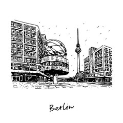 TV tower and world clock at Alexanderplatz train station, Berlin, Germany. Vector hand drawn sketch.