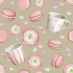 Materiał do szycia Macaron & tea cups seamless pattern with ranunculus rose on beige