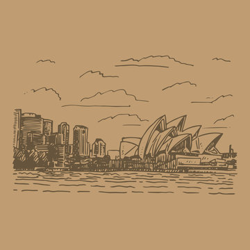 View Of The Sydney Opera House, Australia. Vector Freehand Pencil Sketch.