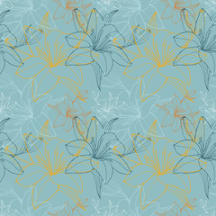 Lily in blue color scheme, seamless pattern