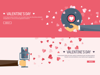 Obraz premium Vector illustration. Flat musical background with microphone and vinyl. Love, hearts. Valentines day. Be my valentine. 14 february. 
