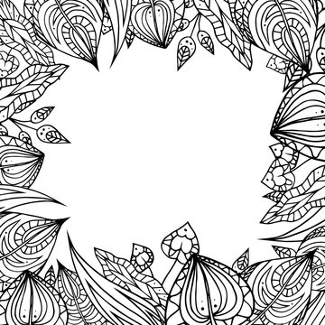 Frame of black and white doodle leaves with zentangle pattern. 