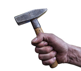 Man's hand holding hammer isolated on white background