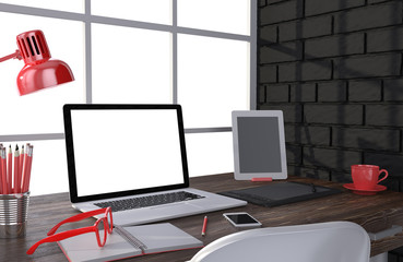 3D illustration laptop and work stuff on table near brick wall, Workspace