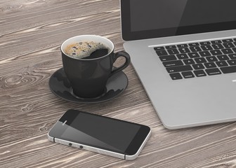 Laptop smartphone and coffee cup