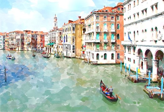 Fototapeta Abstract watercolor digital generated painting of the main water canal, houses and gondolas in Venice, Italy.