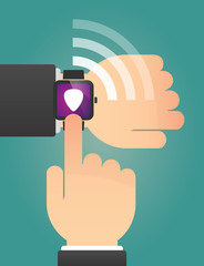 Hand pointing a smart watch with a plectrum