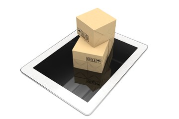Technology business concept, shipping: cardboard package boxes on tablet 