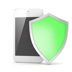 Smartphone and shield on white, security concept