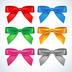 Bow set: red, blue, green gold, pink, silver bow set. isolated vector silky bow on on a white background