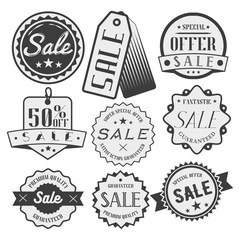 Vector set of sale and discount labels, badges, tags, icons. Special offer. Emblems, stickers in monochrome style.