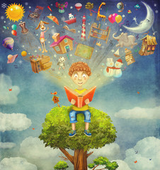 Little boy sitting on the tree and  reading a book, objects flying out