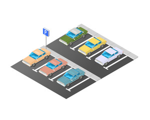 A vector illustration of a commercial parking. Isometric Parking lot with parking sign.
