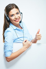 Woman operator with headset and blank sign board showing thumbs