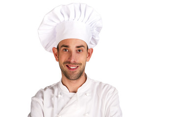 Male chef portrait smiling against white background.