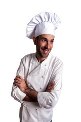 Male chef portrait smiling against white background.