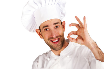 Professional chef man. Isolated over white background. Showing p