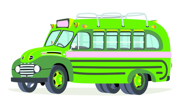 Caricatura autobus Ford 1950 verde vista frontal y lateral
