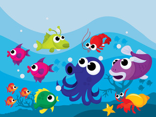 Fototapeta na wymiar Colorful Cartoon Sea Creatures