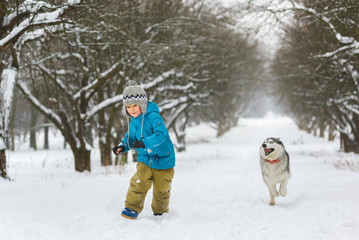 Fototapeta na wymiar boy running away from dogs or husky outdoors in winter day