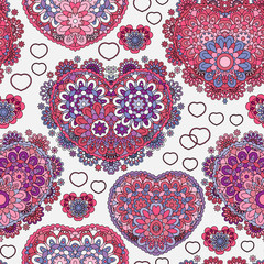 Seamless lace pattern of heart signs. Vintage, curled, swirl texture. Twist floral ornament of laurel leaves. Lilac vioet rose figure on white background. Love, birthday, Valentine day, sale. Vector