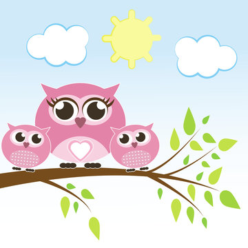 owl mother with two children-twins on a branch vector
