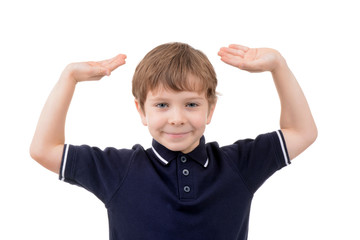 little boy raising his arms isolated on white background