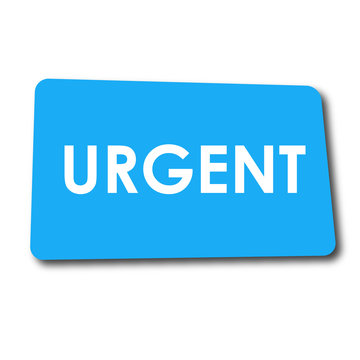 Icono plano URGENT en rectangulo azul con sombra