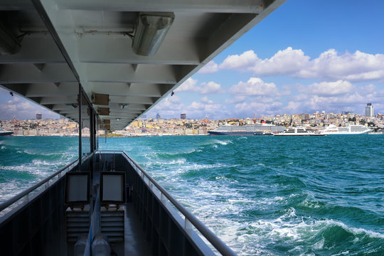 View from the ship to the Old city of Istanbul with reflection