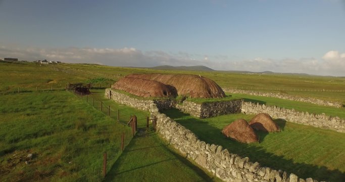 Aerial shot of Arnol blackhouse on the Isle of Lewis, Outer Hebrides, Scotland
