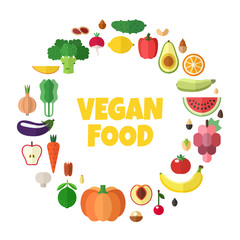 Vegetables, fruits and nuts vegan food vector circle background. Modern flat design.