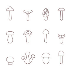Mushrooms outline brown vector icons set. Modern minimalistic design.