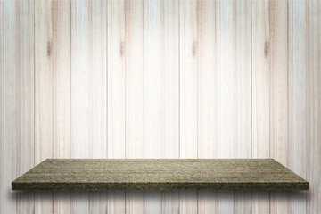 Empty top view of brown jeans table on wood background, For disp