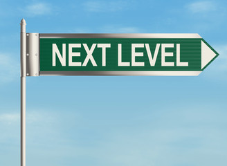 Next Level. Road sign on sky background. Raster