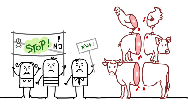 cartoon vegan people saying NO to meat industry