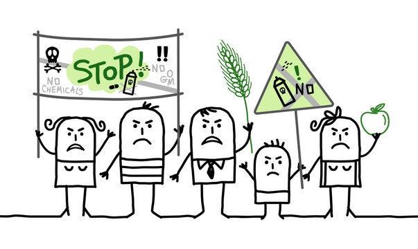 cartoon group of people protesting against  toxic agriculture industry
