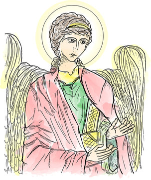 Byzantine icon style drawing of the Angel, colored with abstract watercolor.