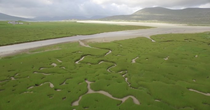 Stunning aerial shot of Luskentyre beach on the west coast of the Isle of Harris, Scotland
