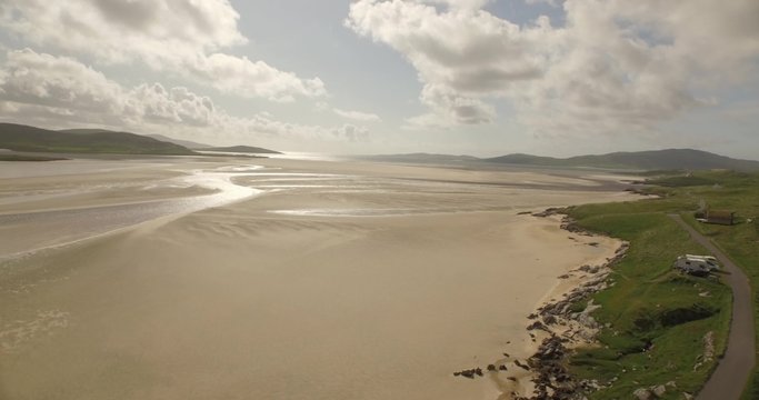 Stunning aerial shot of Luskentyre beach on the west coast of the Isle of Harris, Scotland
