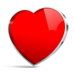 Red glossy element in the shape of a heart with shiny metal trim. The symbol for design