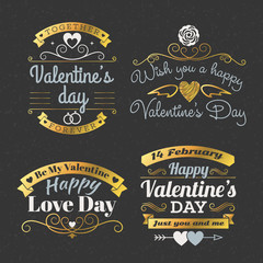 Set Of Retro Vintage Happy Valentines Day Badges and Labels. Typography Design Template with Golden and Gray Colors. Design Elements for Greeting Cards or Posters