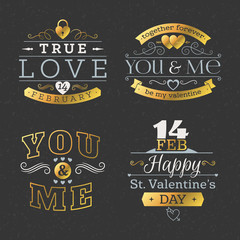 Set Of Retro Vintage Happy Valentines Day Badges and Labels. Typography Design Template with Golden and Gray Colors. Design Elements for Greeting Cards or Posters